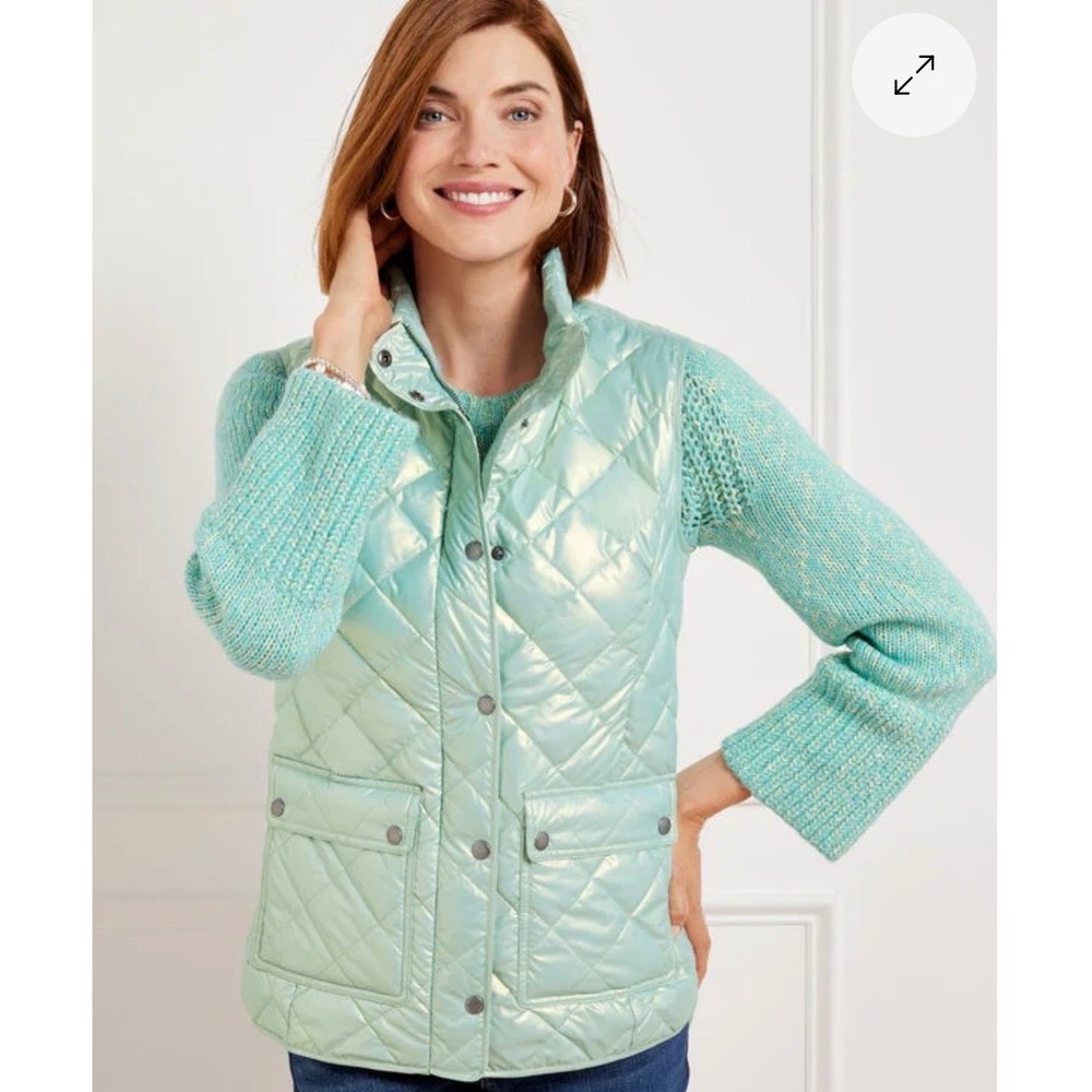 Talbots Metallic Quilted Down Puffer Vest Size Medium Snowbound Blue Mint